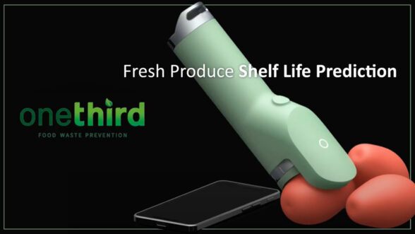 Image of OneThird's food scanner with tomatoes. Paired with the OneThird logo and the tagline "Fresh Produce Shelf Life Prediction"