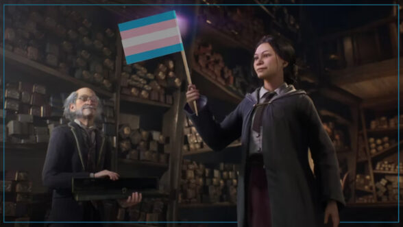 Image of the wand shop from the Harry Potter video game with an old male wizard and a young female witch holding a trans flag in her right hand