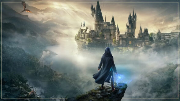 Dramatic image of the back of a cloaked figure holding a wand standing on a ledge looking out onto a vast landscape of the Hogwarts castle, mountains, and a flying dragon