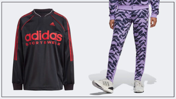 Image of an black Adidas jersey with the red text "Adidas Sportswear" and a person wearing a lavender and black patterned jumpsuit