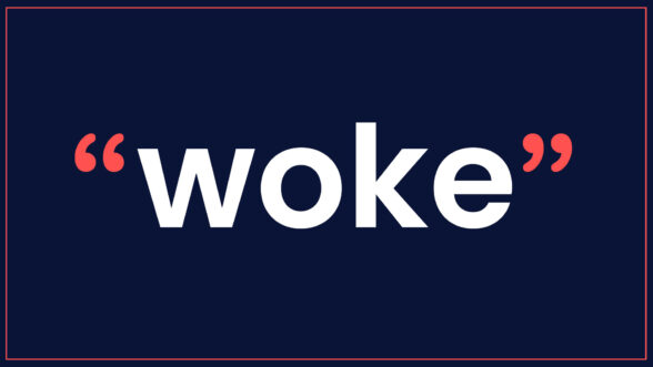 Image of the text "woke" in quotes on a navy background