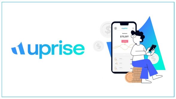 Image featuring the Uprise logo along with an illustrated man sitting on coins and looking at a phone showing his account information