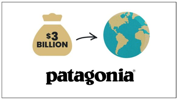 Image of the Patagonia logo and an illustration of money with a $3 Billion label on it with an arrow connecting to an illustration of the Earth