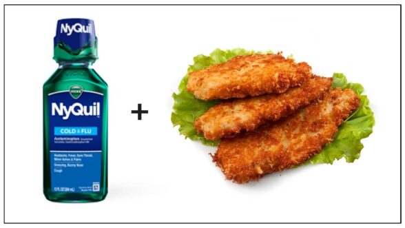 Image of a bottle of NyQuil and breaded chicken cutlets on top of a piece of lettuce