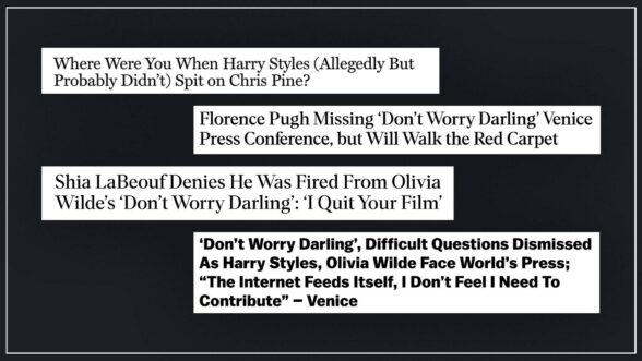 Image with four different news titles about the movie Don't Worry Darling