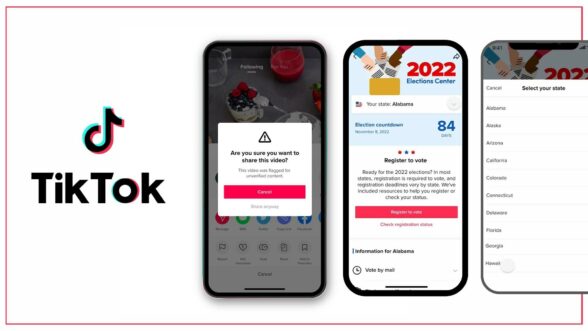 Image of three phone screens with voter resources and information next to TikTok's logo