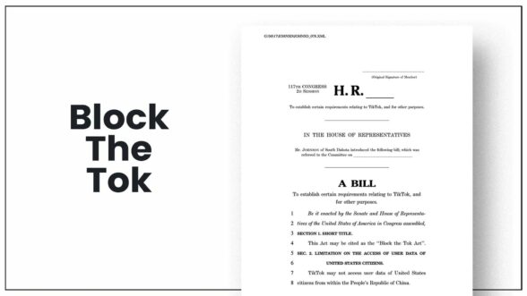 Text reading "Block The Tok" with an image of the first page of the Block The Tok Act