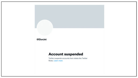 Image of a screen shot of the @ElonJet Twitter account being suspended