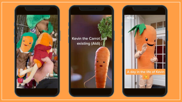 Image of three phone screens on an orange-brown background featuring screenshots of different user videos of Aldi's Kevin the Carrot, a plush stuffed animal toy